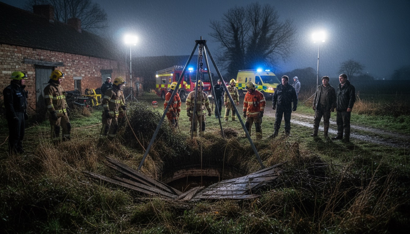 UK fire and rescue personnel operating a tripod lifting system over a confined space at a night exercise