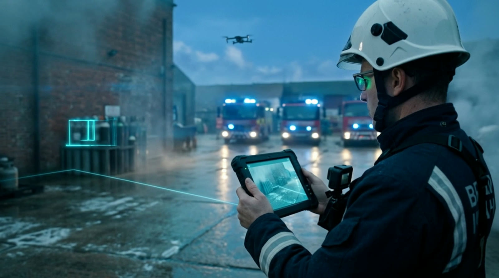Concept visualisation: a UK incident commander in a white helmet holding a rugged tablet at a smoky yard fire at dusk, with a drone overhead and a cyan overlay marking a stack of gas cylinders