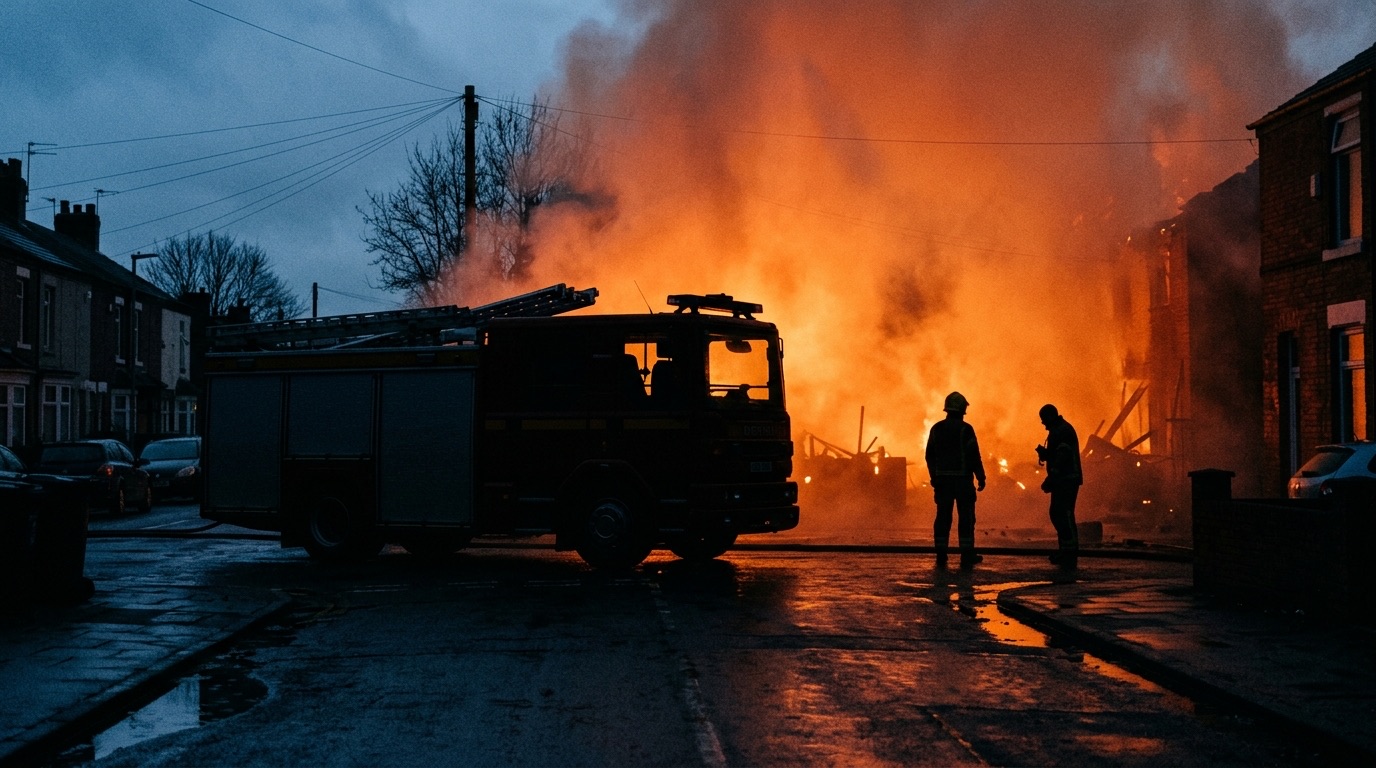 A UK fire appliance and two firefighters in silhouette against a developing building fire on a terraced street at dusk