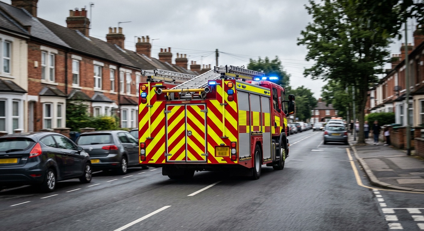 A red UK fire and rescue fire engine with rear chevron markings and blue lights driving along a terraced UK street