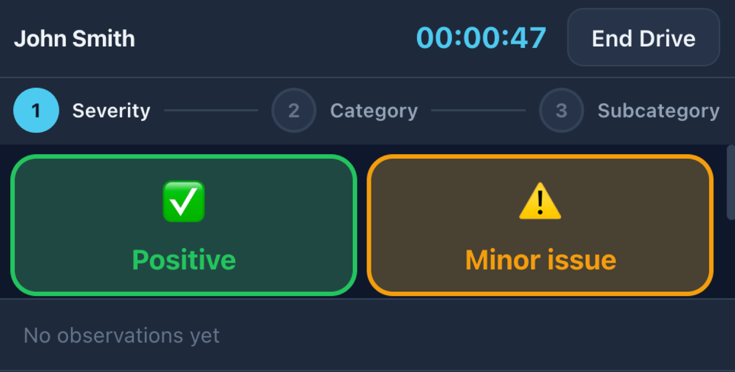 Drive-Aid observation screen showing Positive and Minor issue severity buttons with timer and candidate name