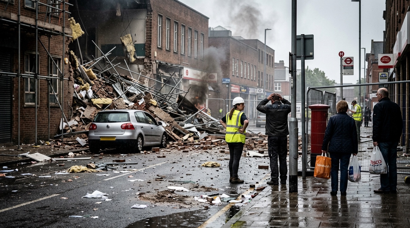 HazardGrid AI-generated scene of a partially collapsed brick building with debris burying a car and a firefighter assessing the cordon