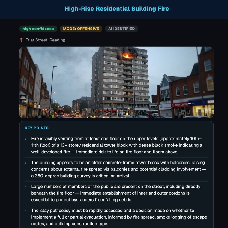 Scan-Aid analysis of a high-rise building fire showing confidence badge, incident type, scene photo and key points