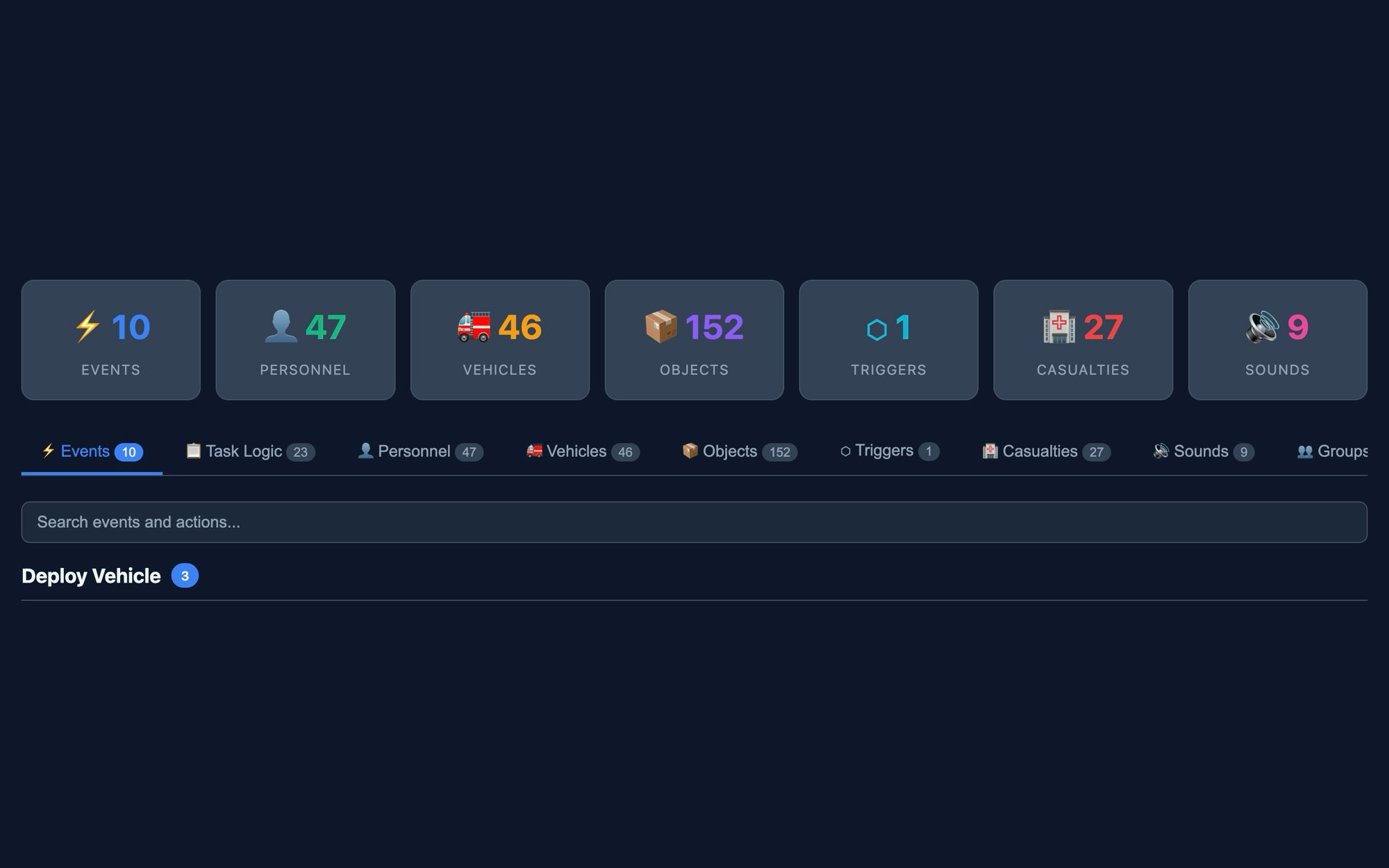 XVR Scenario Viewer dashboard showing event, personnel, vehicle, object, trigger and casualty counts with category tabs